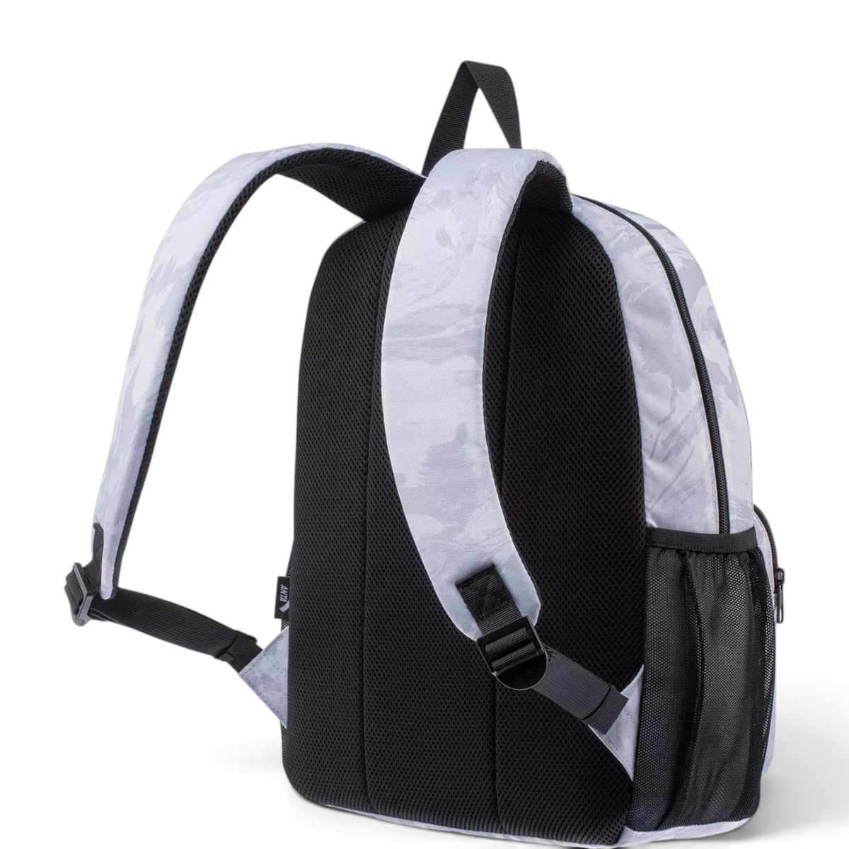 FRG backpack featuring a grey and white camouflage pattern with padded black mesh back and adjustable shoulder straps