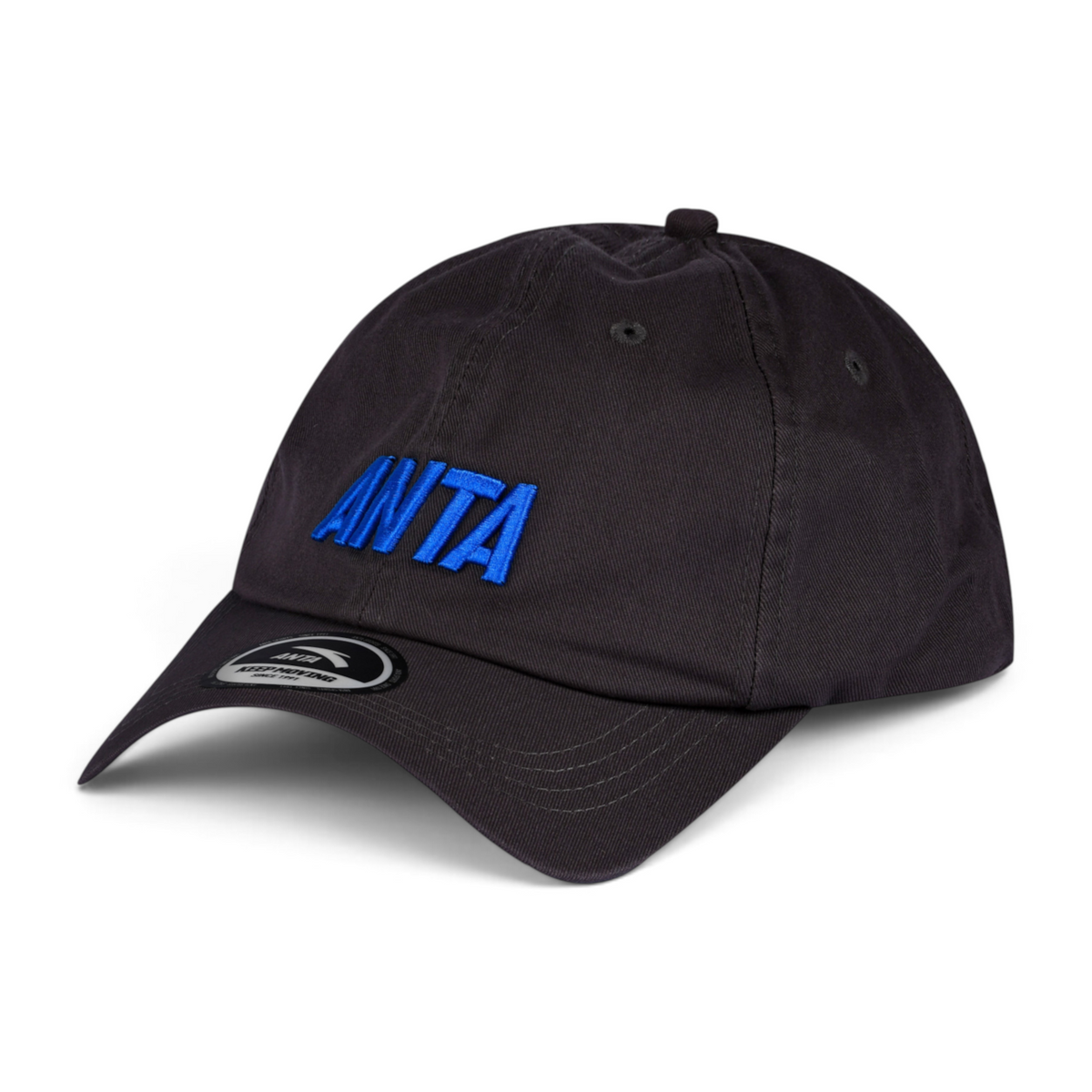 FRG black baseball hat with blue embroidered ANTA logo on the front and a curved brim
