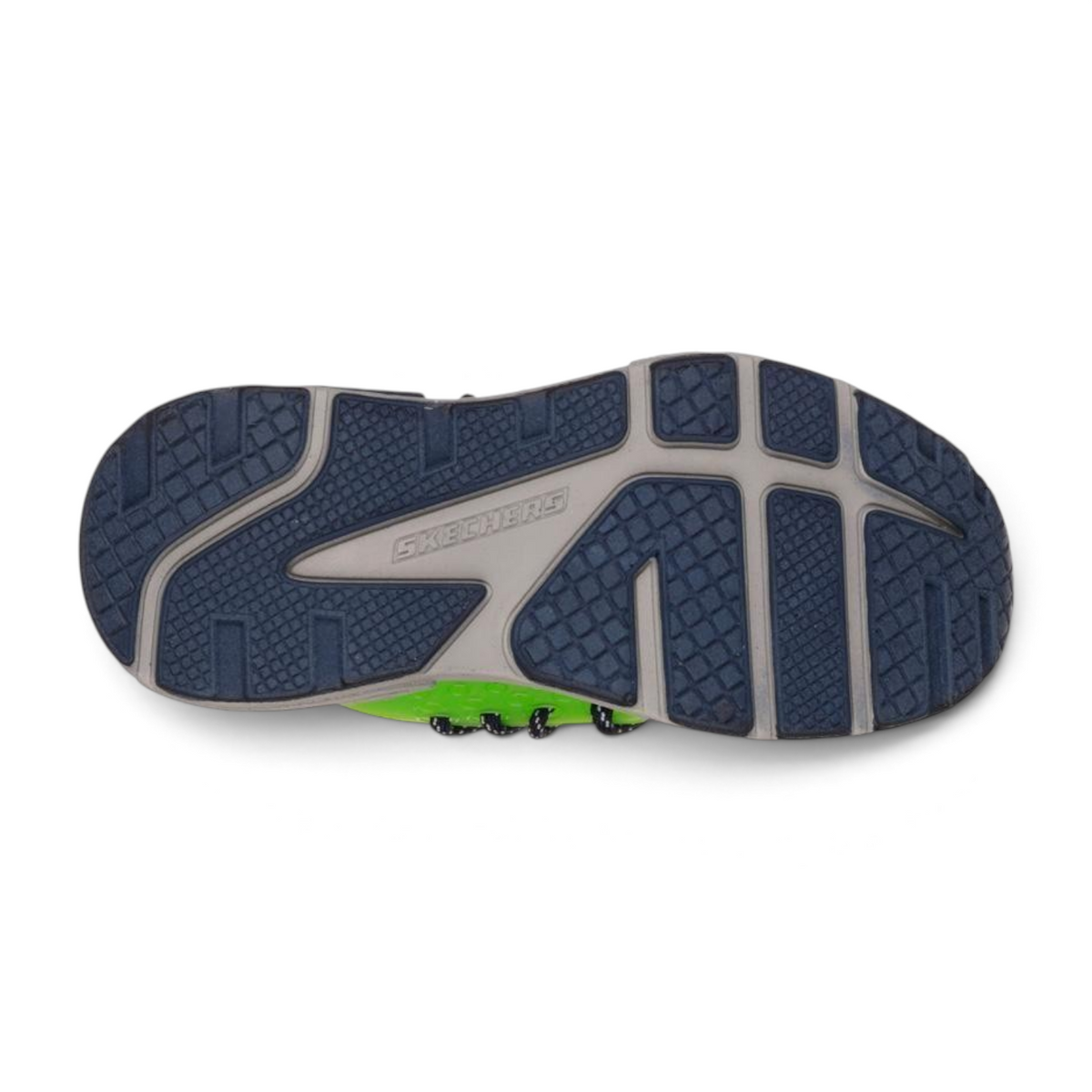 FRG KINECTORS sneaker featuring a navy blue and grey rubber traction outsole with a bright green upper detail