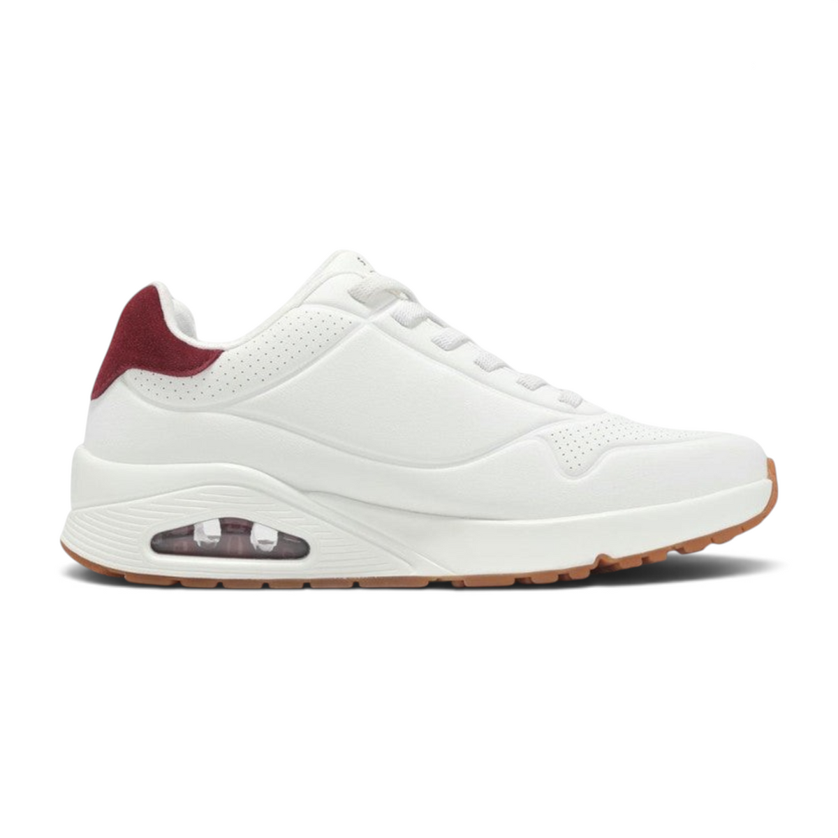 FRG Skechers Uno Retro One sneaker in white durabuck with burgundy heel detail and visible air-cushioned midsole