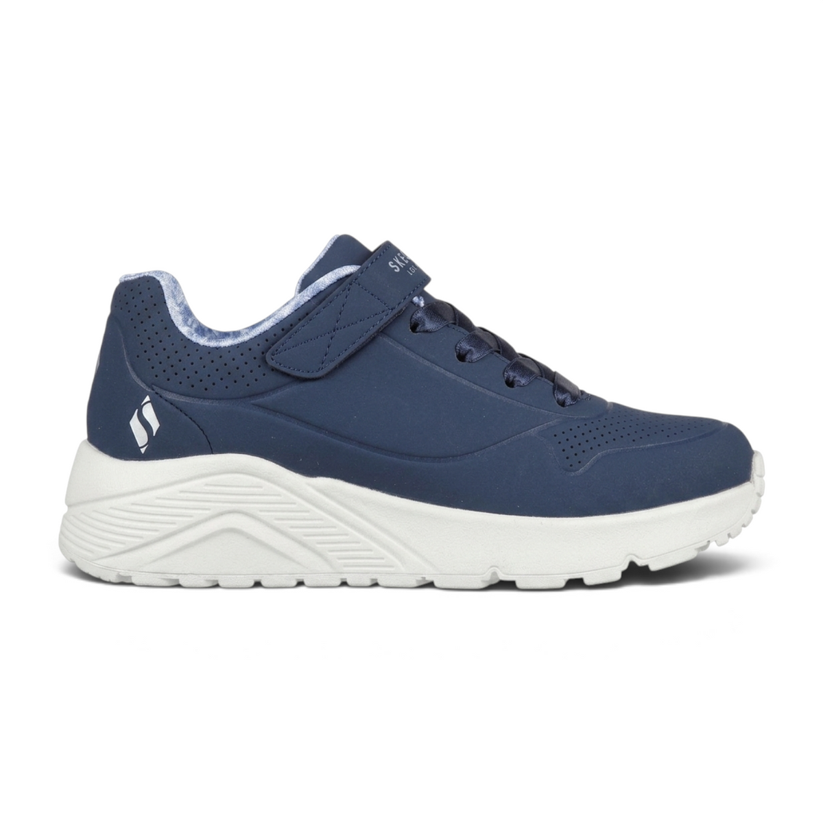 FRG Skechers UNO LITE navy blue sneaker with perforated synthetic upper, hook-and-loop strap, and white platform sole
