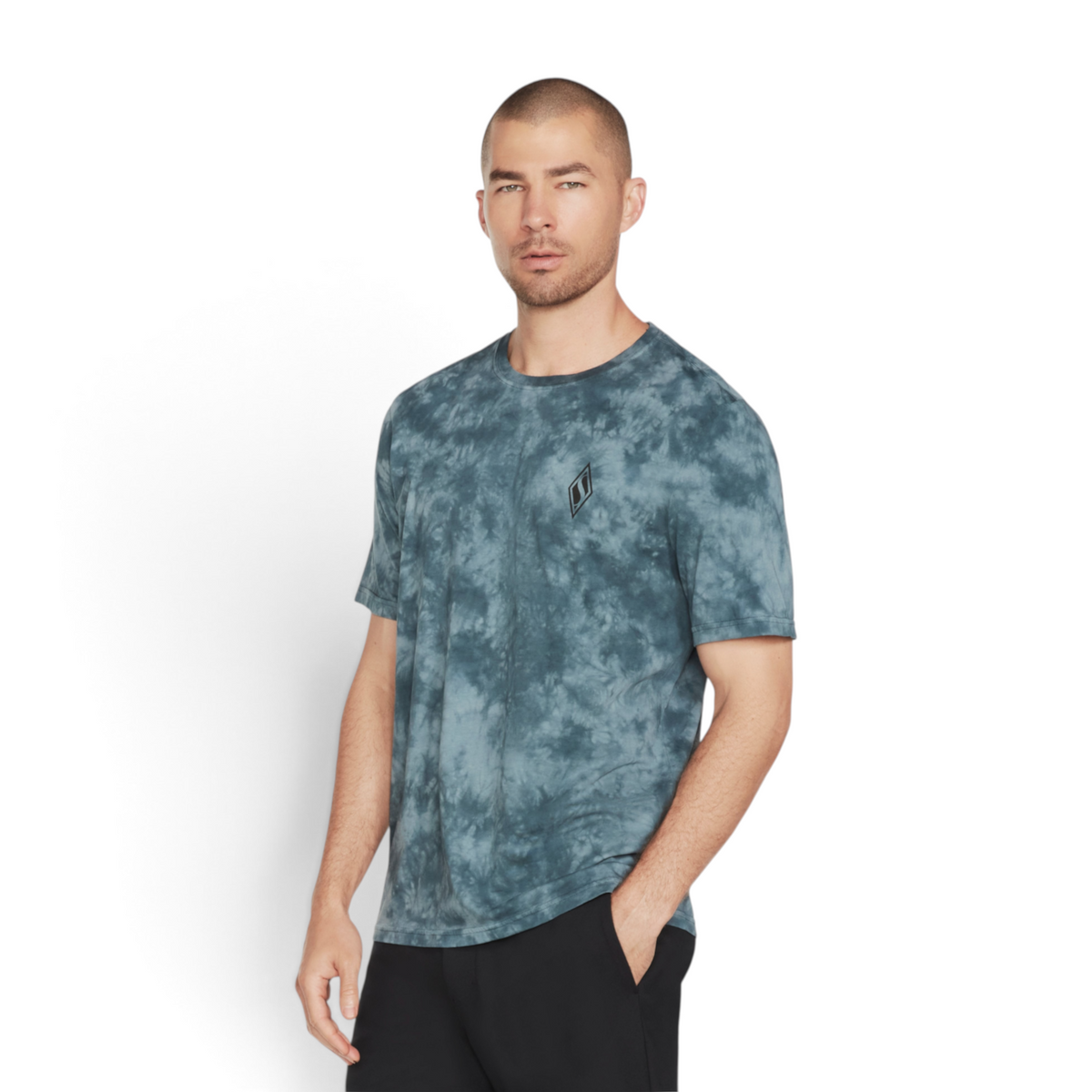 FRG men's short-sleeve knit tie-dye t-shirt in blue and grey cotton with a small chest logo