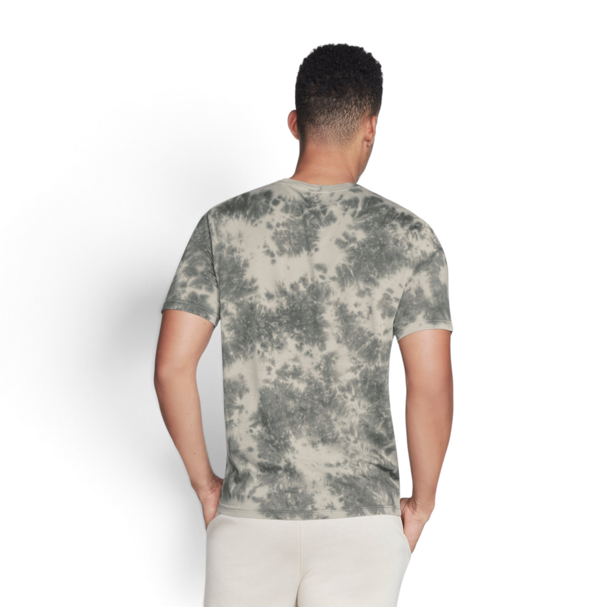 FRG men's knit tie-dye t-shirt in grey and white cotton, back view showing short sleeves and crew neck