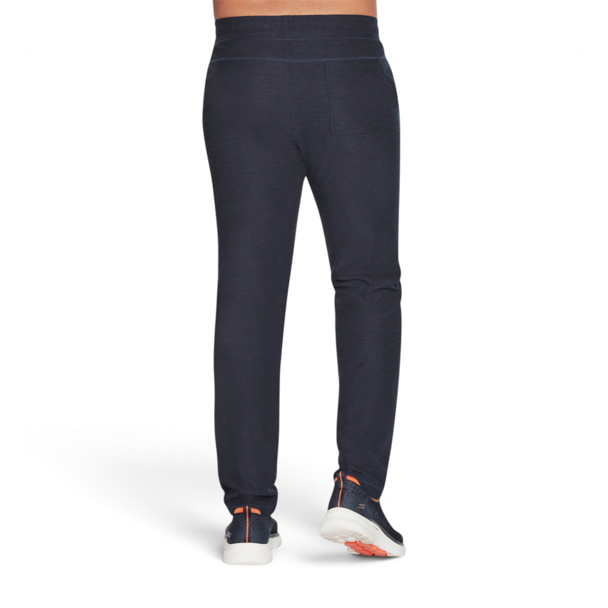 Back view of FRG SKECHKNITS ULTRA GO LITE tapered pants in navy blue with a comfortable elastic waistband.