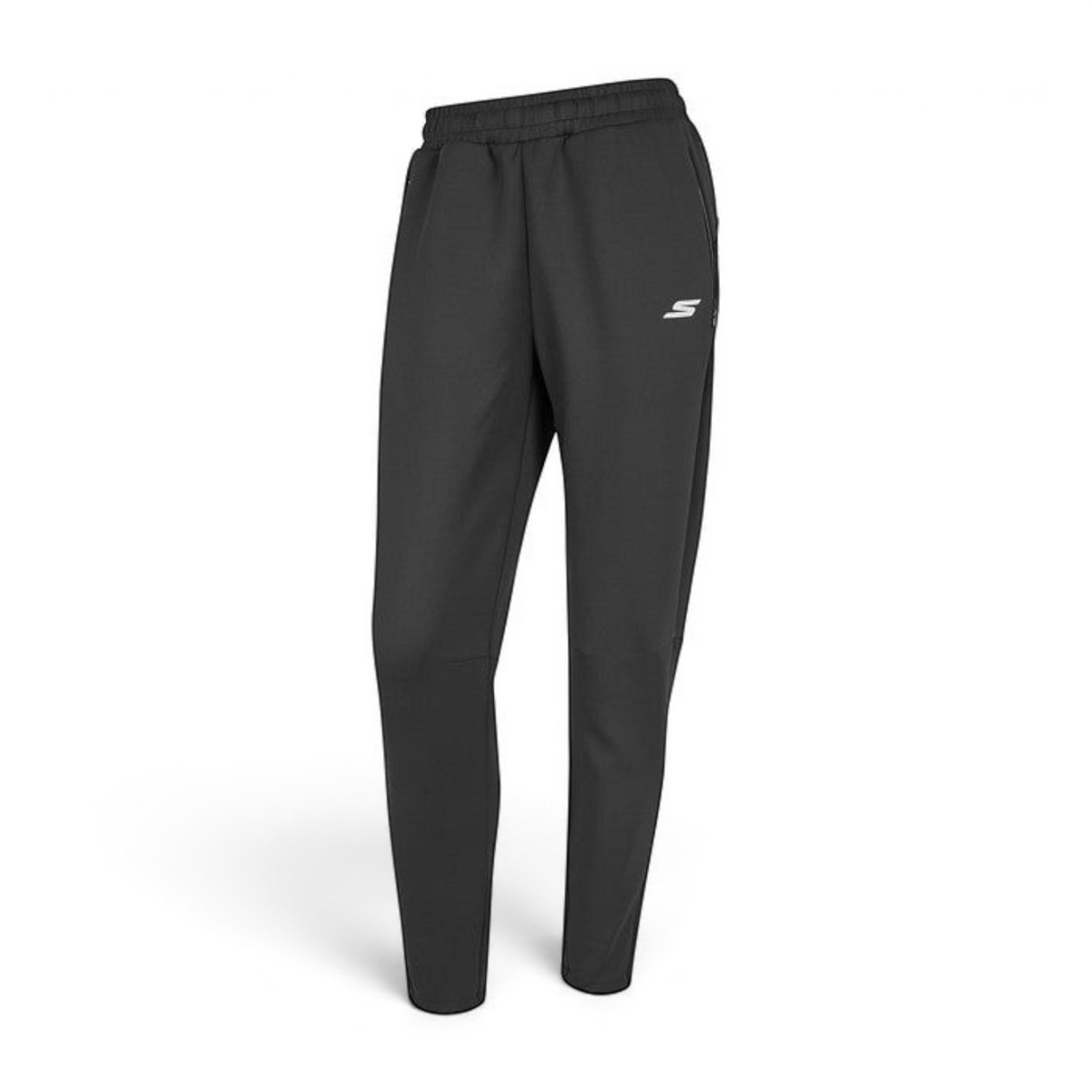 FRG women's black knit pants featuring an elastic waistband and a small white logo on the left hip.