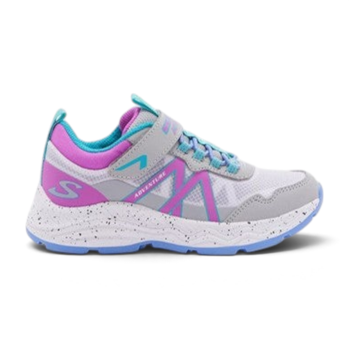 FRG ADVENTURE BLITZ kids sneakers in white, grey, pink, and blue with a speckled midsole and hook-and-loop strap.