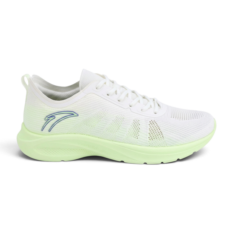 FRG running shoes in white mesh with lime green cushioned soles and a side logo detail