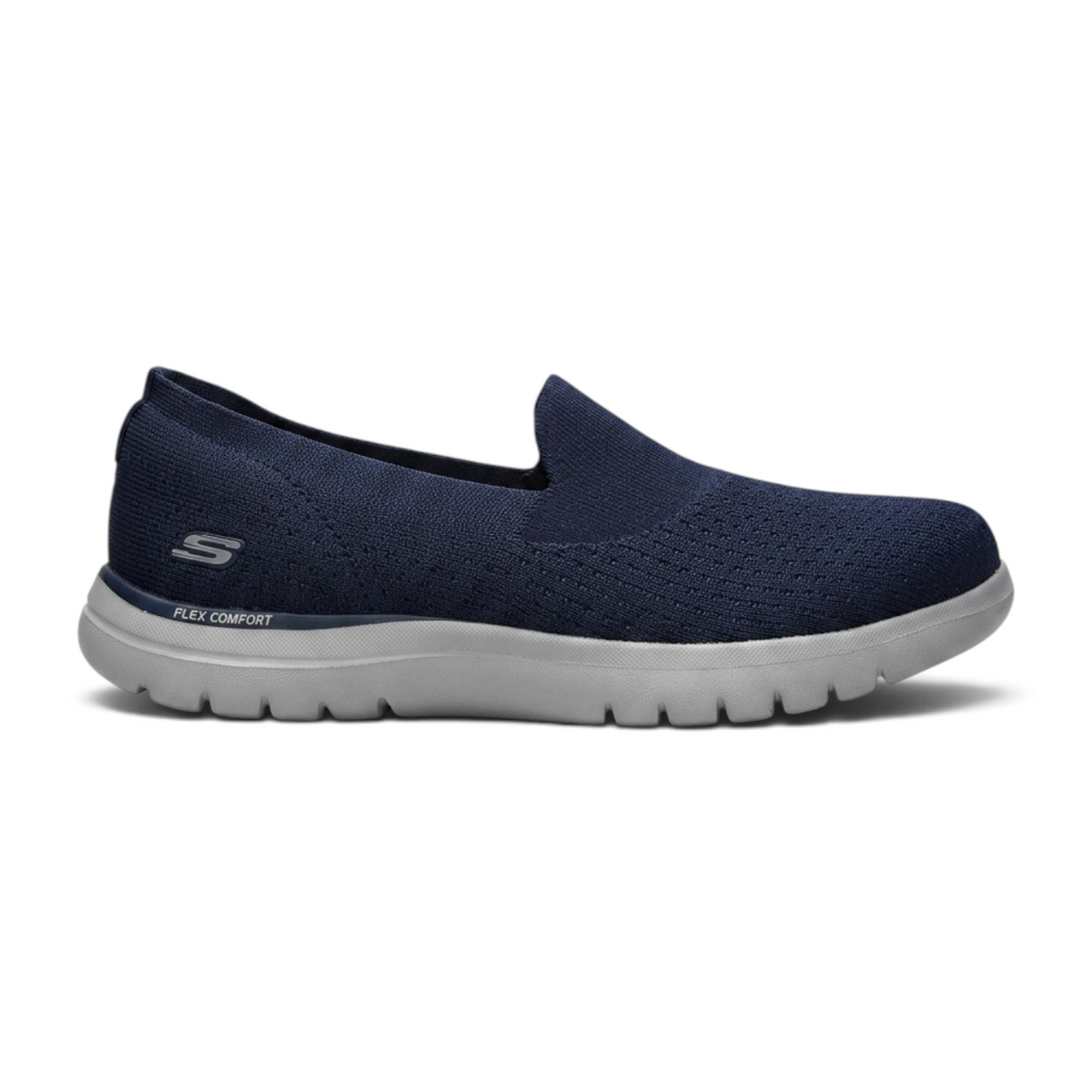 FRG Skechers ON-THE-GO FLEX navy blue slip-on sneaker with a grey cushioned sole and breathable mesh upper