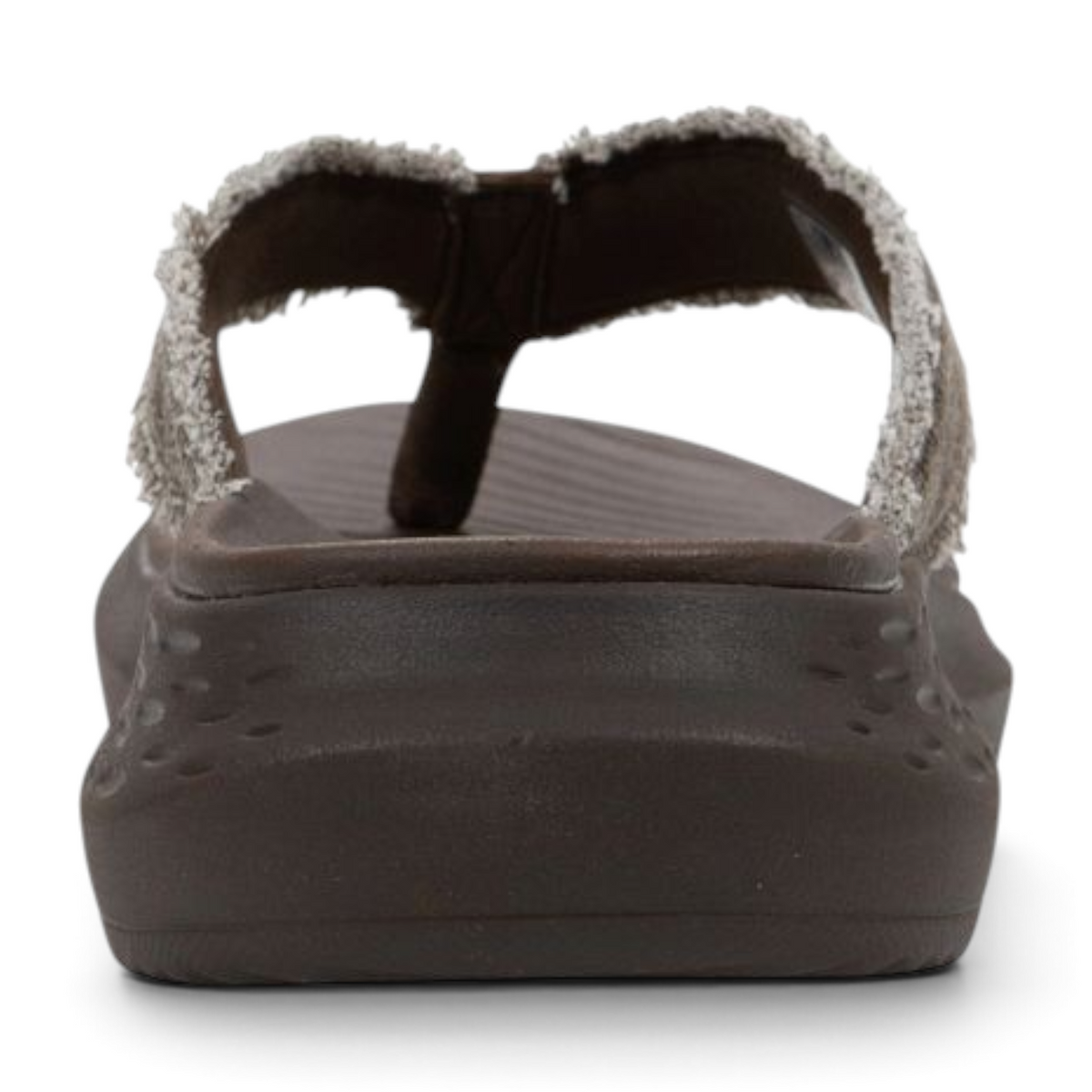 FRG Skechers Parson SD chocolate brown thong sandal with frayed canvas strap and cushioned Luxe Foam footbed
