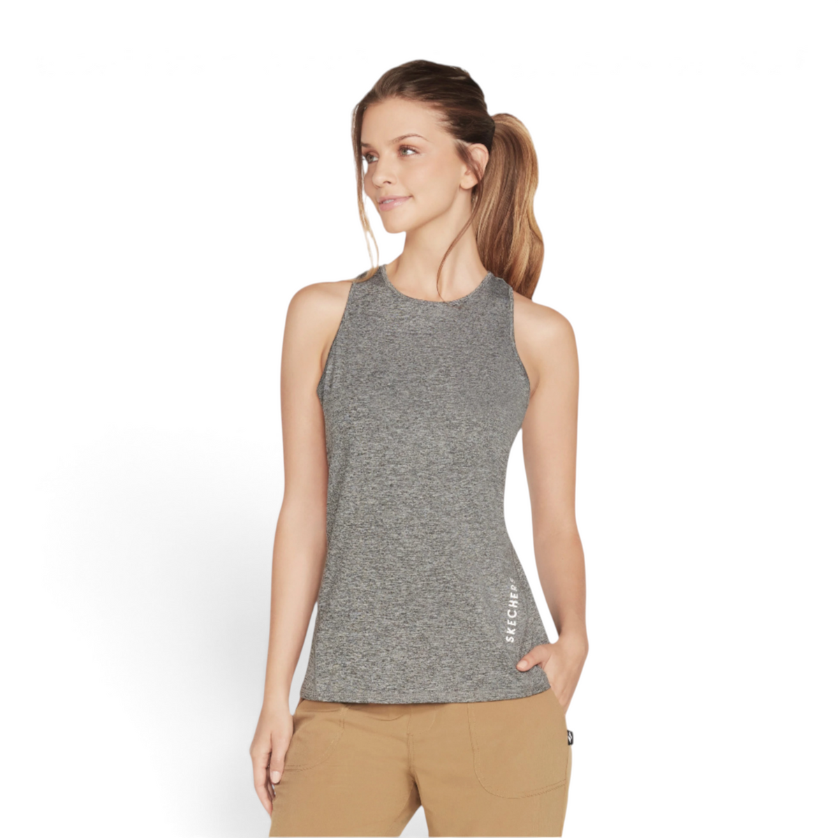 FRG women's grey knit tank top with a high neckline worn by a model with tan trousers