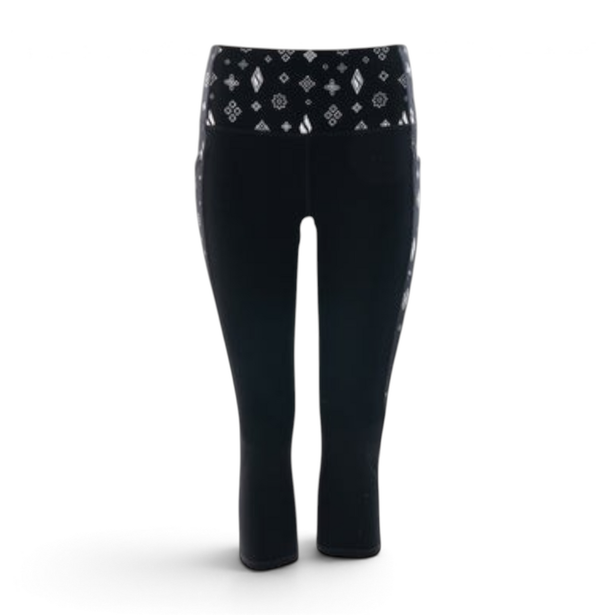 FRG Skechers women's black high-waisted knit capri leggings with white geometric pattern on waistband and side panels