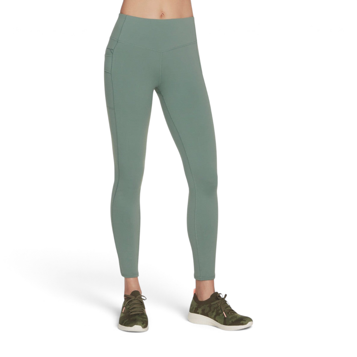 FRG Alpine Trail full-length high-waisted leggings in sage green with side pockets worn by a model