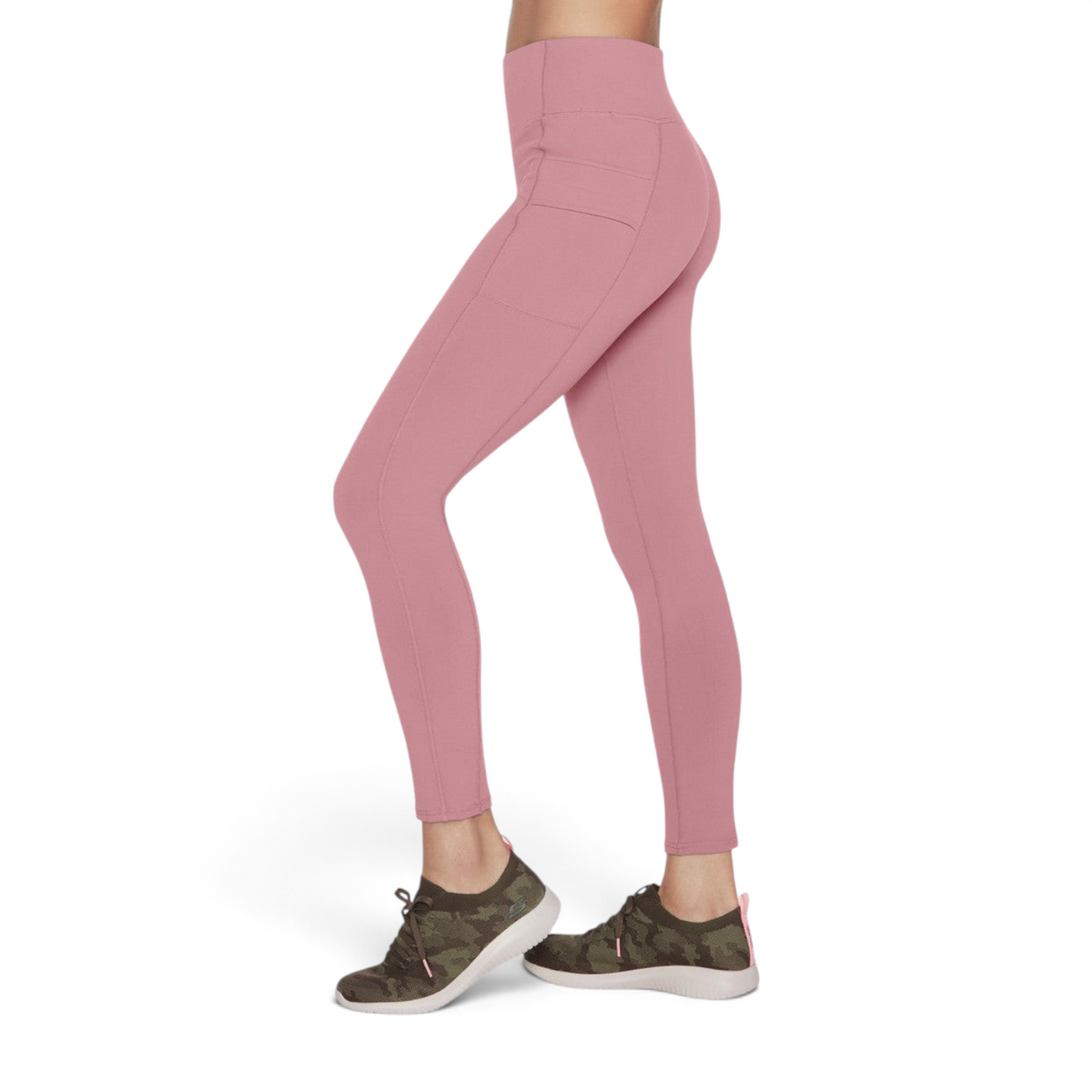 FRG Alpine Trail full length high-waisted leggings in dusty rose featuring side pockets on a model