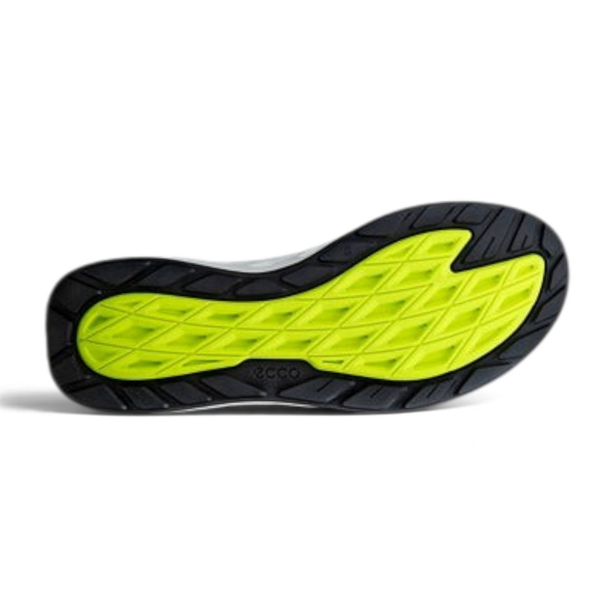 FRG ECCO Biom 720 men's sneaker showing the lime green and black patterned rubber outsole for traction