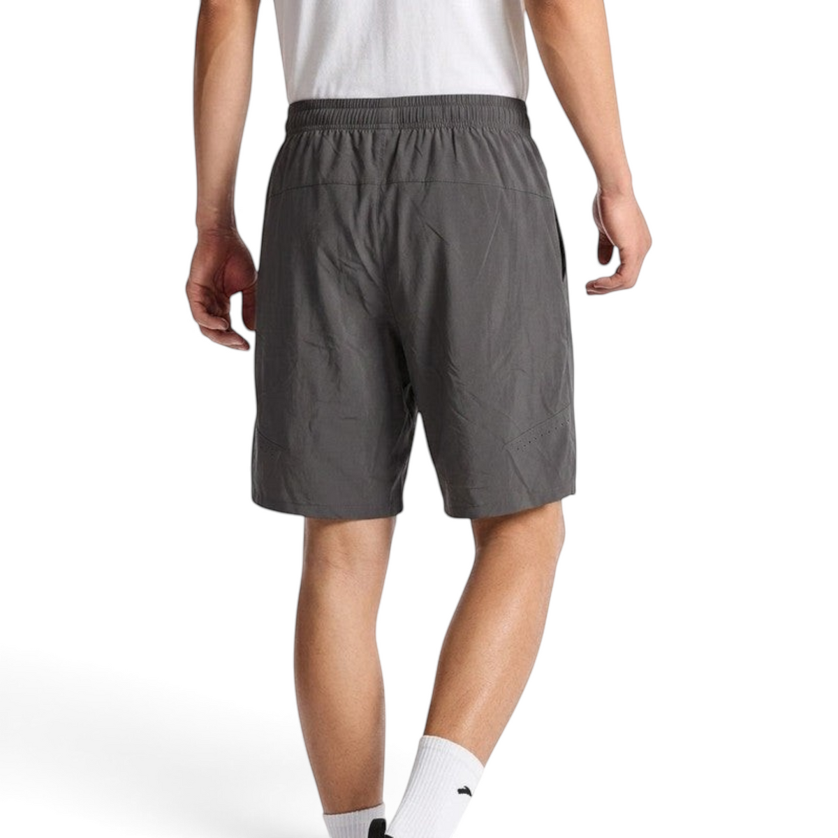 FRG ANTA slate grey performance woven athletic training shorts with an elastic waistband, viewed from the back.