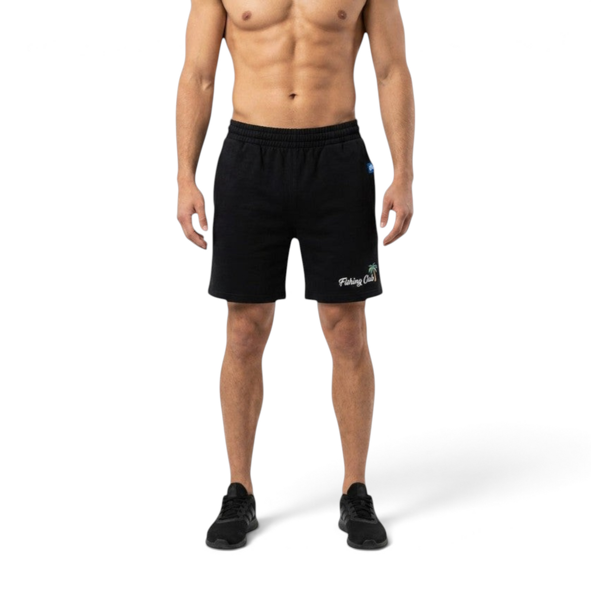 FRG black knit half pants for men with a relaxed fit and small Fishing Club palm tree graphic on the leg