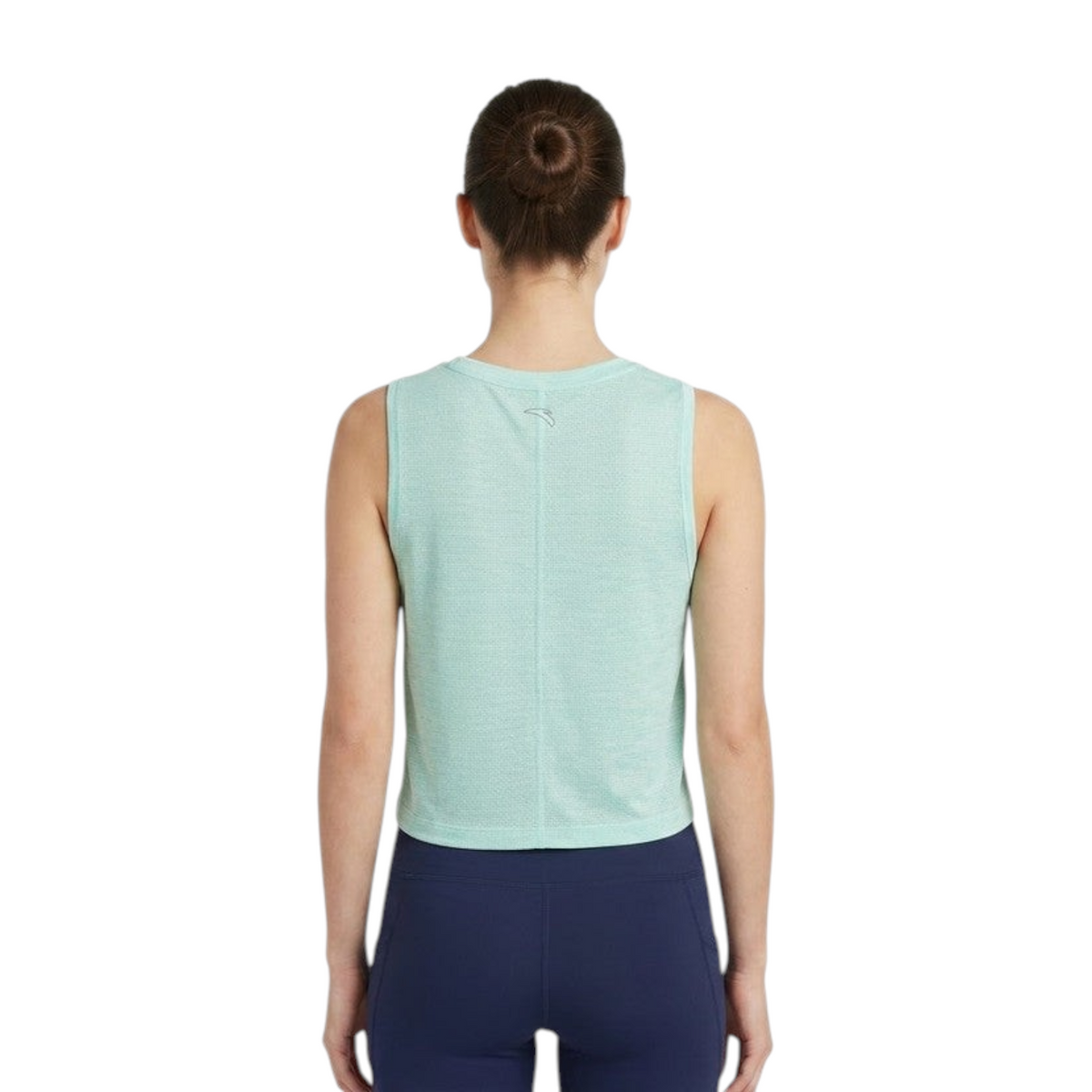 FRG ANTA light mint-green sleeveless crew-neck crop top worn by a woman, back view