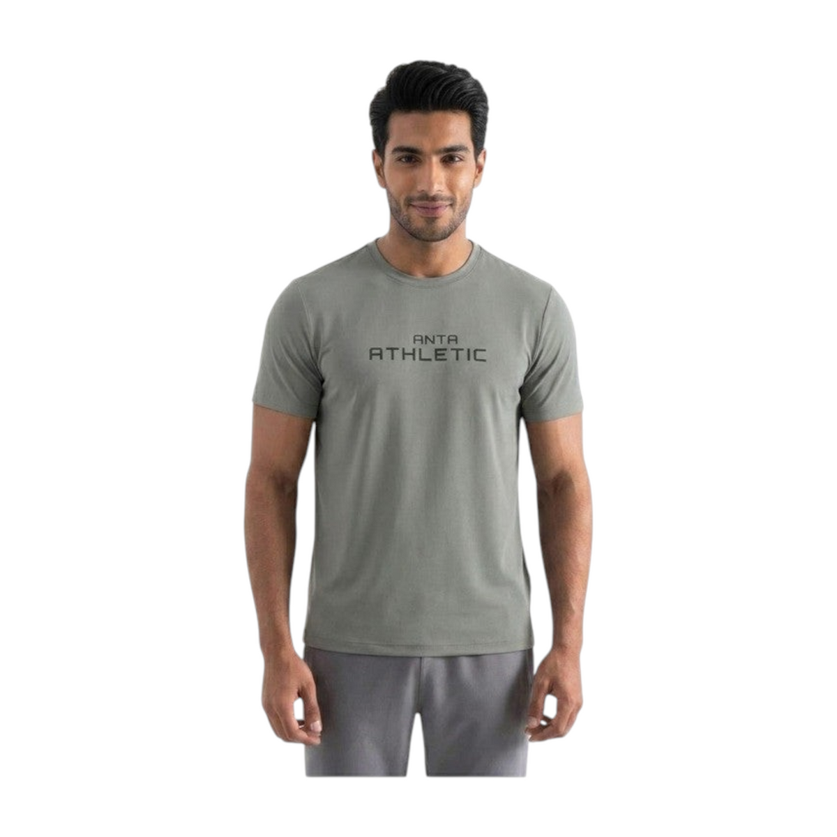 FRG ANTA A-Power grey short sleeve training t-shirt worn by a man, featuring a soft stretch fabric and logo print.