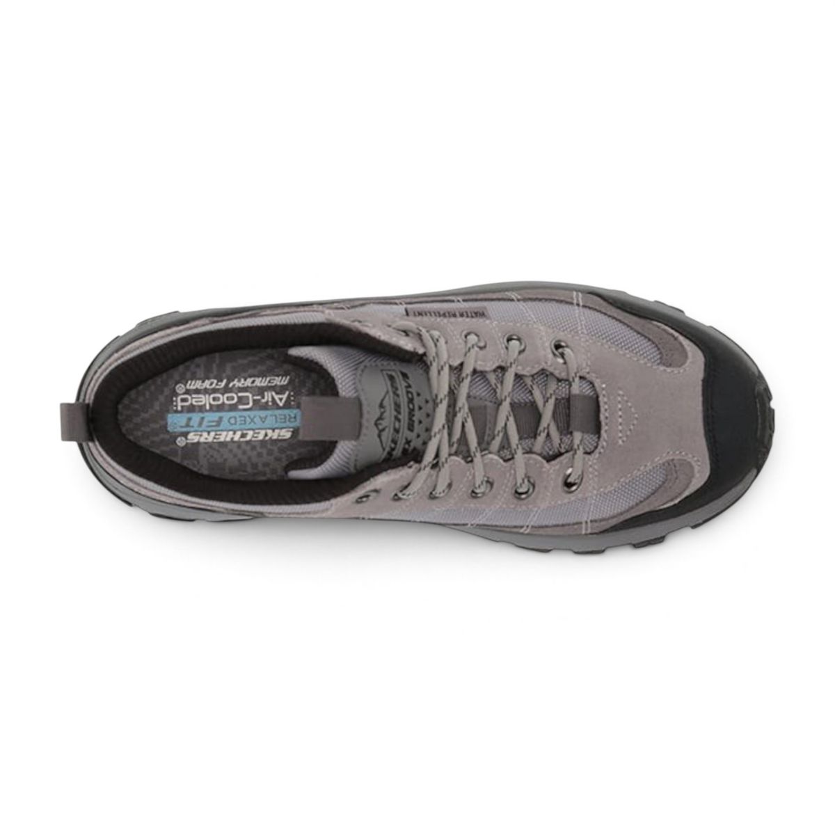 FRG Skechers Edgemont Art Oxford grey lace-up hiking shoe with Air-Cooled Memory Foam insole, top-down view