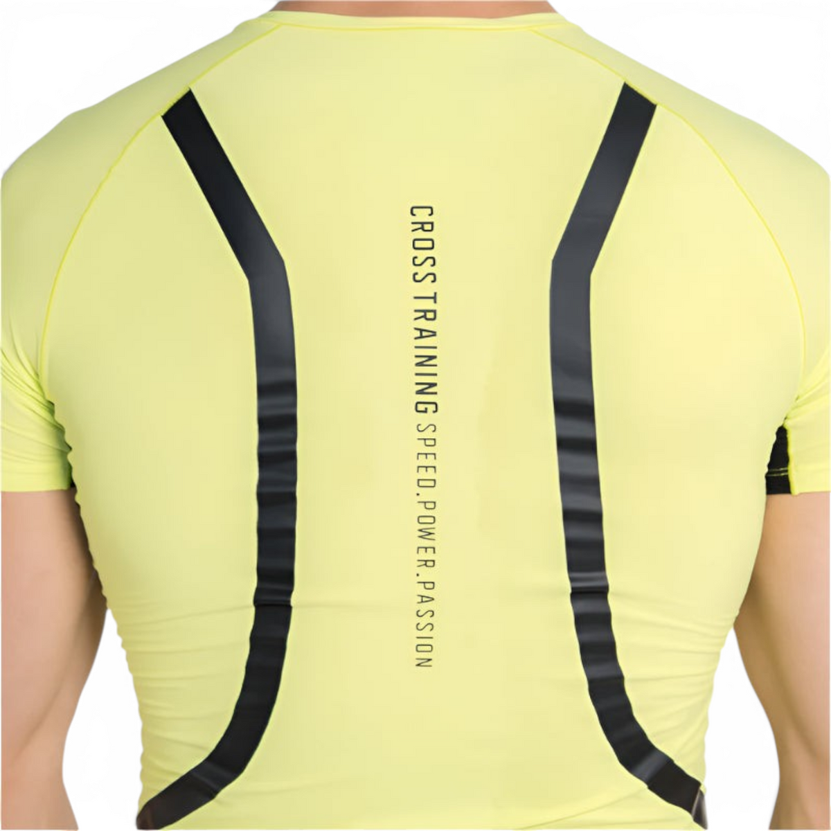 FRG neon yellow short sleeve tight training top with black vertical back panels and cross training text detail