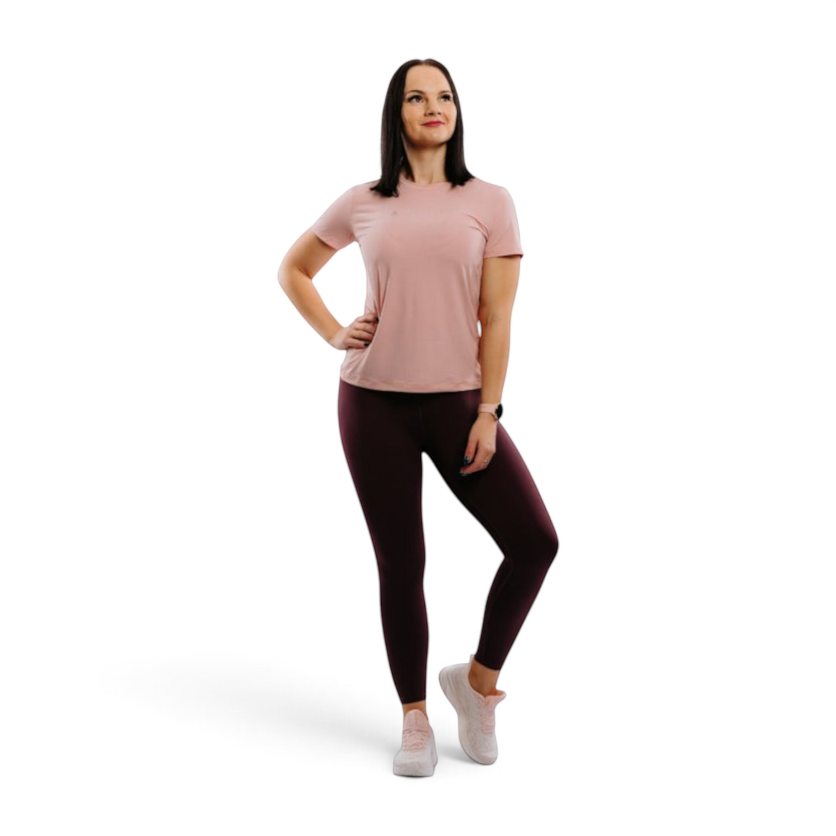 FRG ANTA yoga tight crop pants in purple worn by a woman with a pink t-shirt and sneakers for active training