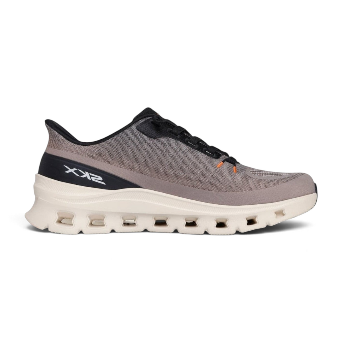 FRG Skechers Arch Fit Glide-Step Pro sneaker in taupe and black with a geometric cushioned midsole and knit upper.