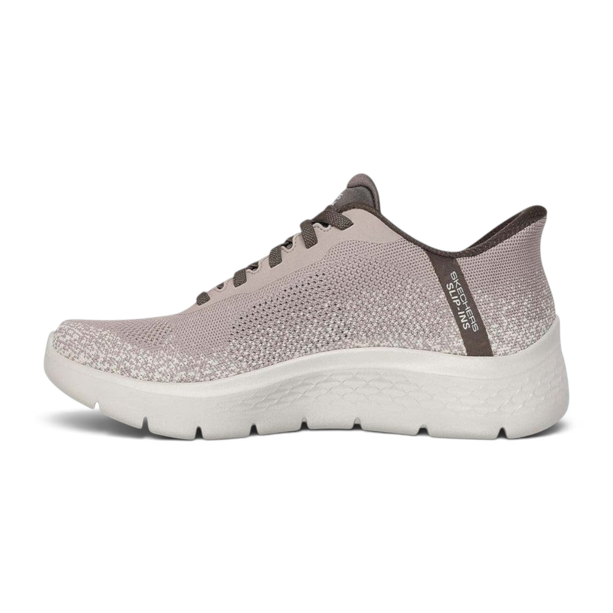 FRG Skechers GO WALK Flex Palomo taupe vegan slip-on sneaker with splatter knit upper and cushioned white midsole