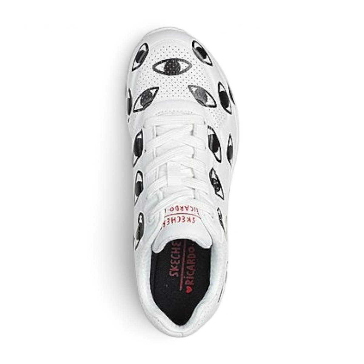 FRG UNO MANY EYES white sneaker with black eye print pattern and lace-up closure, top-down view
