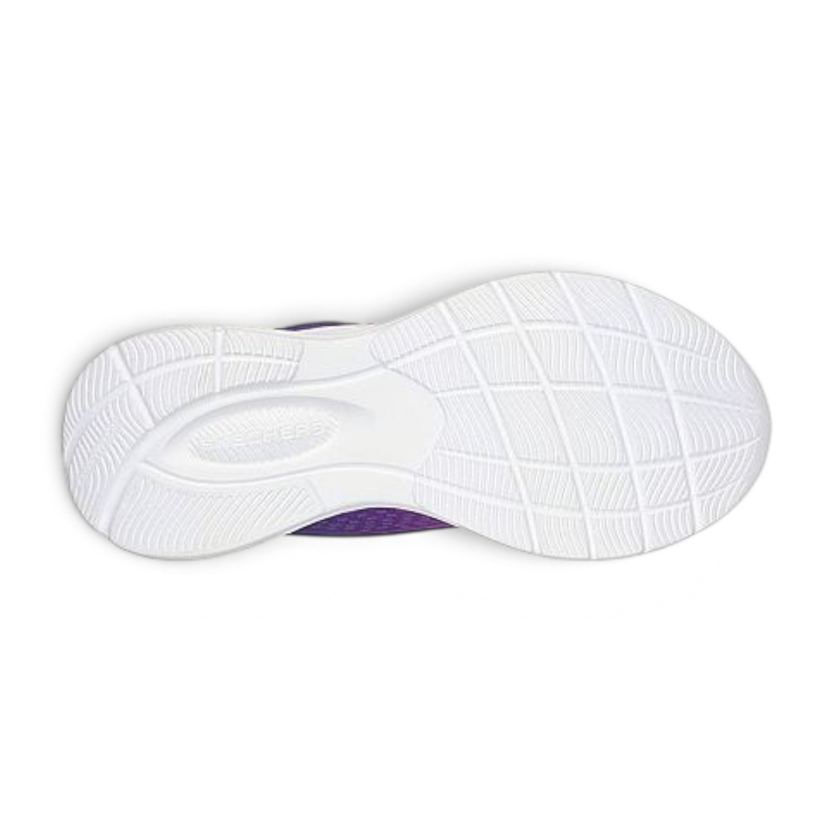 FRG Skechers JUMPSTERS-TECH kids sneaker showing the white textured rubber outsole with a purple mesh upper
