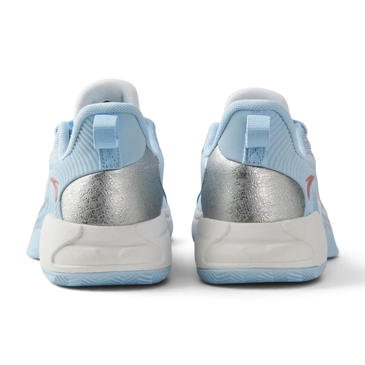 FRG ANTA Attack Pro basketball shoes in light blue with silver heel accents and white cushioned midsoles, rear view