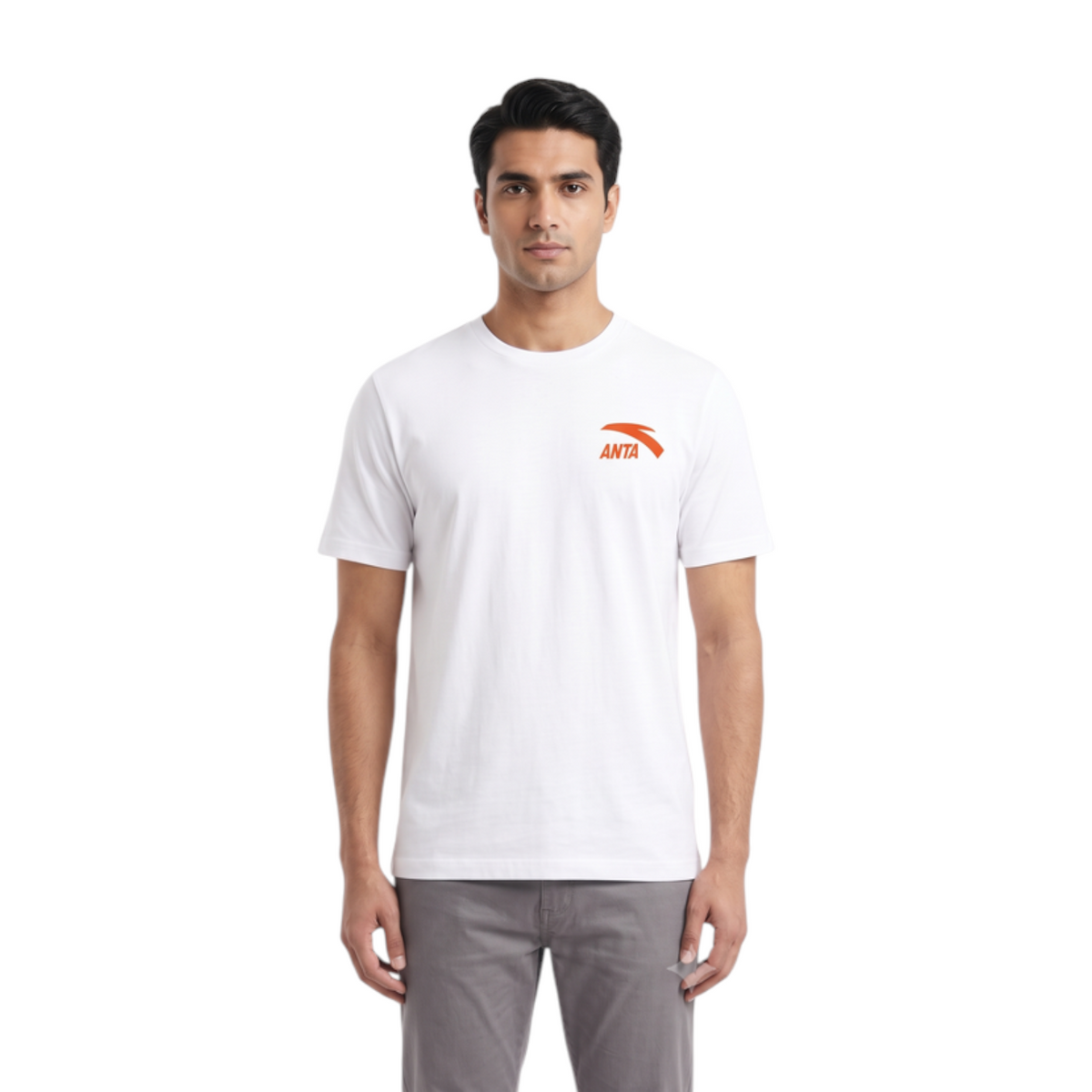 FRG ANTA Relay Baton snow white cotton crew neck t-shirt with orange logo worn by a male model