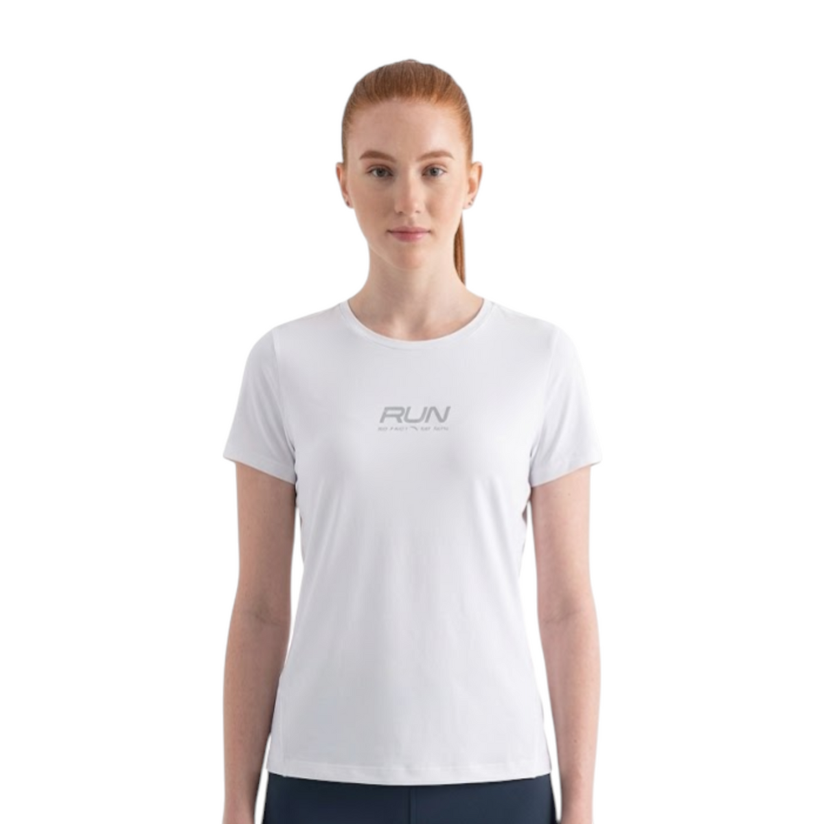 FRG ANTA snow white short sleeve running t-shirt with moisture-wicking fabric worn by a female model