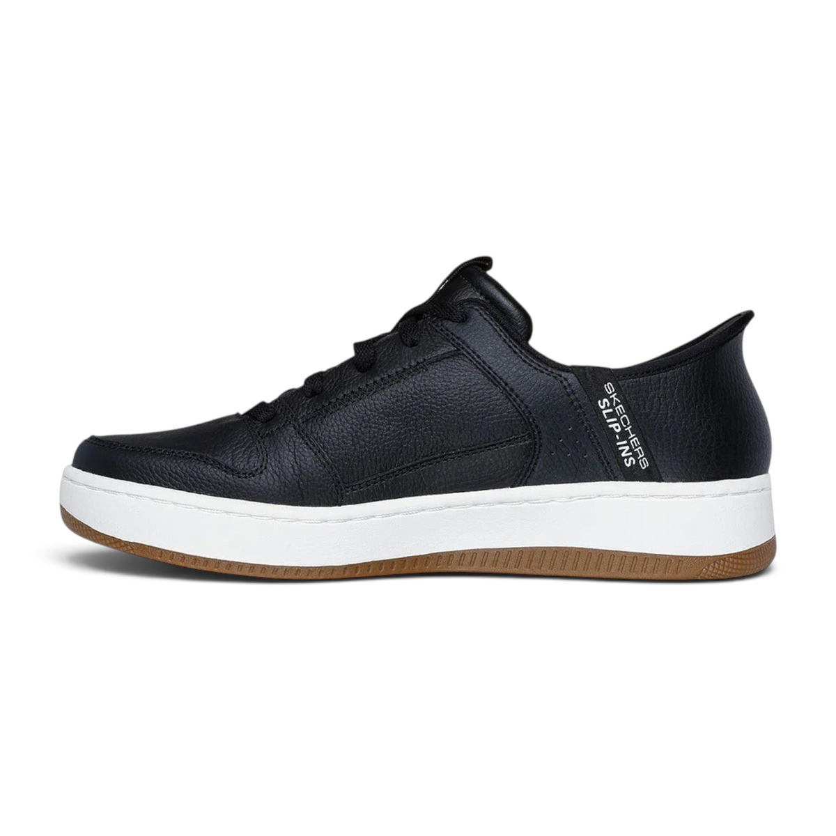 FRG Skechers Sport Court 92 Distown black leather slip-on sneakers with white midsole and gum rubber outsole