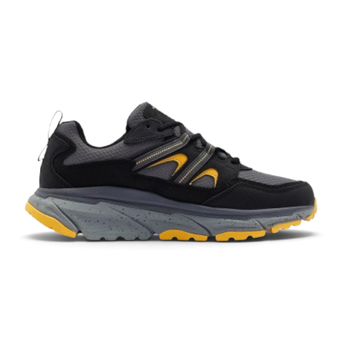 FRG Skechers Relaxed Fit D'Lux Journey hiker in black and yellow with breathable mesh and cushioned grey midsole