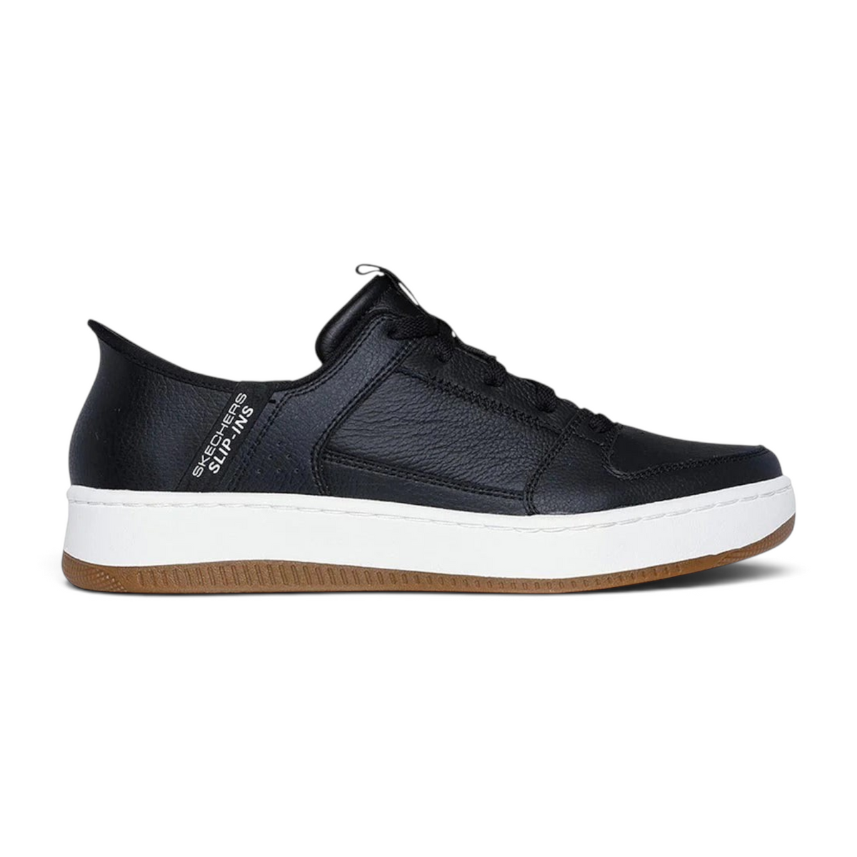 FRG Skechers Sport Court 92 Distown black leather slip-on sneakers with a white midsole and gum rubber outsole.