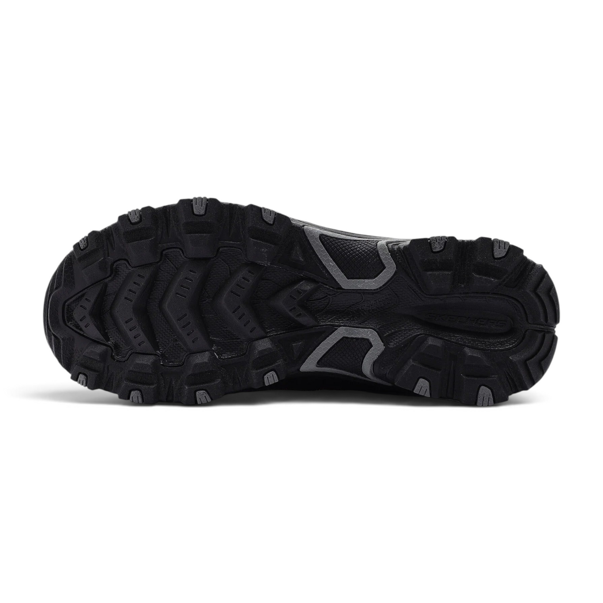 FRG Skechers STAMINA AT hiking shoe showing the black rugged rubber outsole with deep traction lugs