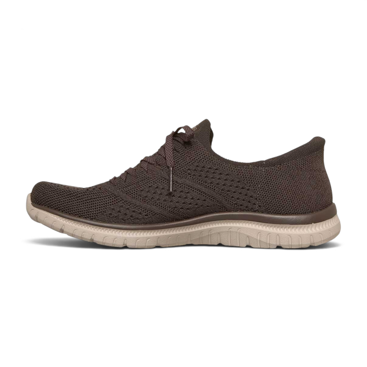 FRG Skechers Virtue Flawless chocolate brown slip-on sneakers with a lightweight knit upper and cushioned sole
