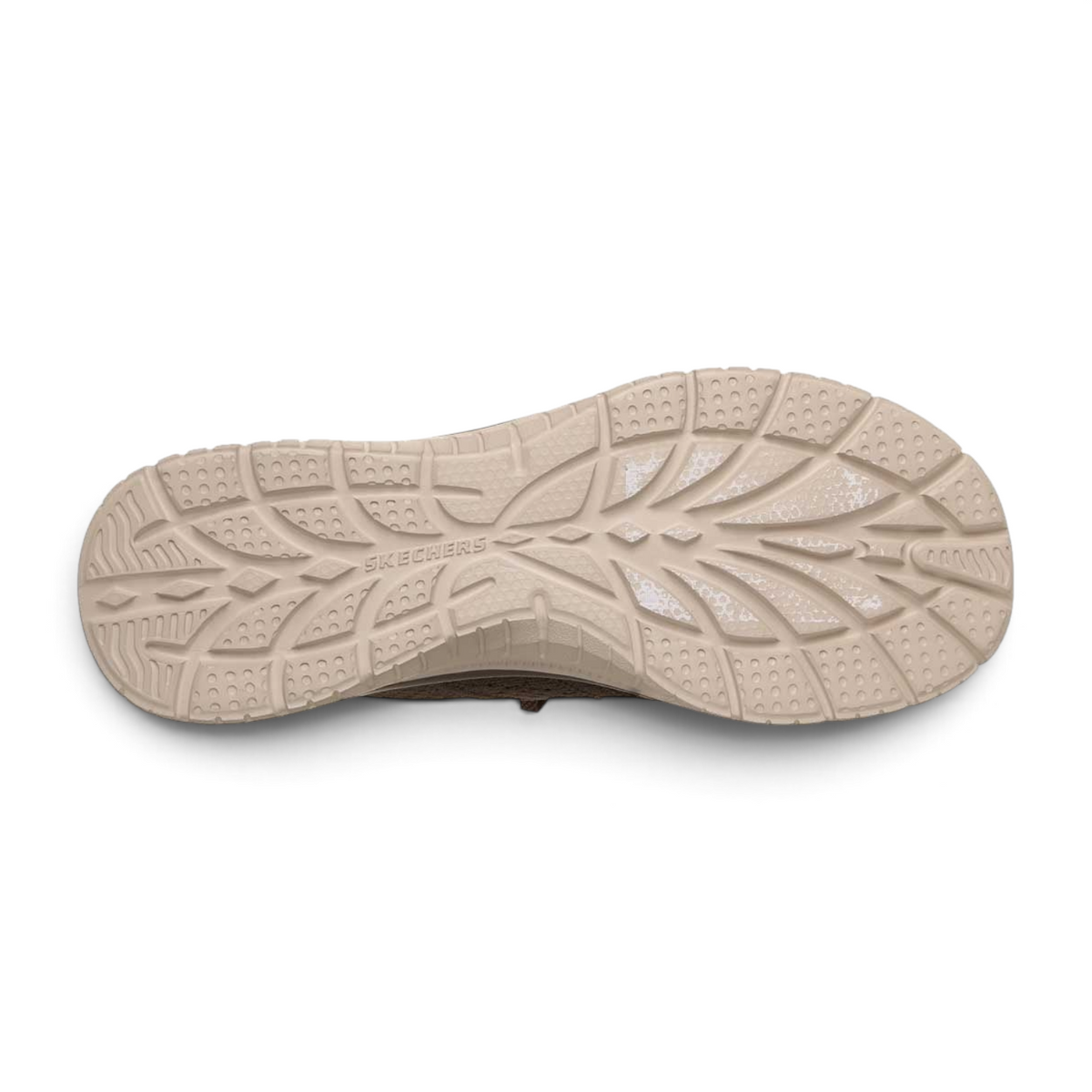 FRG Skechers Virtue Flawless chocolate brown slip-on sneaker showing the textured beige rubber outsole tread pattern