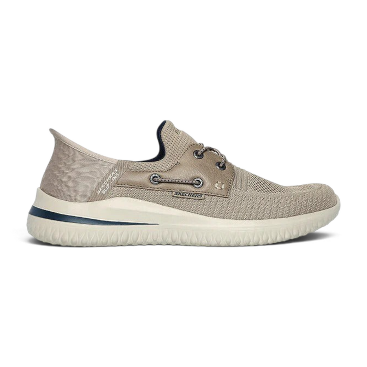 FRG Skechers Delson 3.0 Roth slip-on sneaker in beige mesh with navy accents and a cushioned white sole
