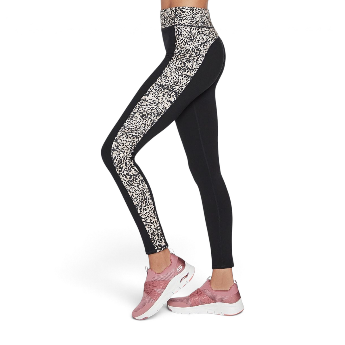 FRG high-waisted 7/8 leggings featuring black fabric with side panels in a mini cheetah animal print pattern