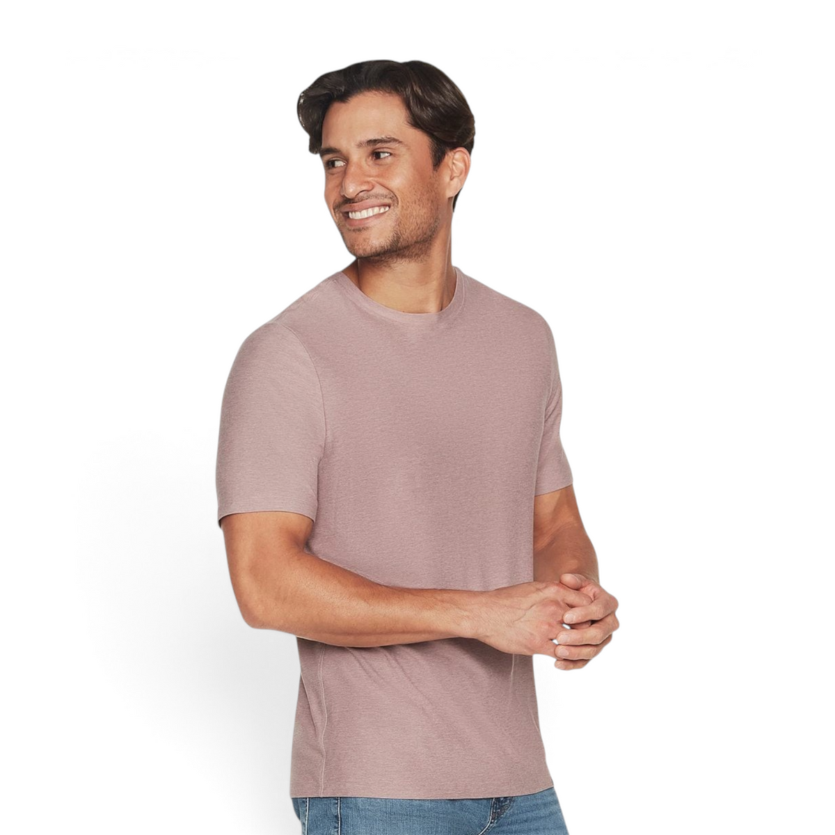 FRG men wearing a mauve short-sleeve crew neck performance t-shirt made from a recycled polyester blend
