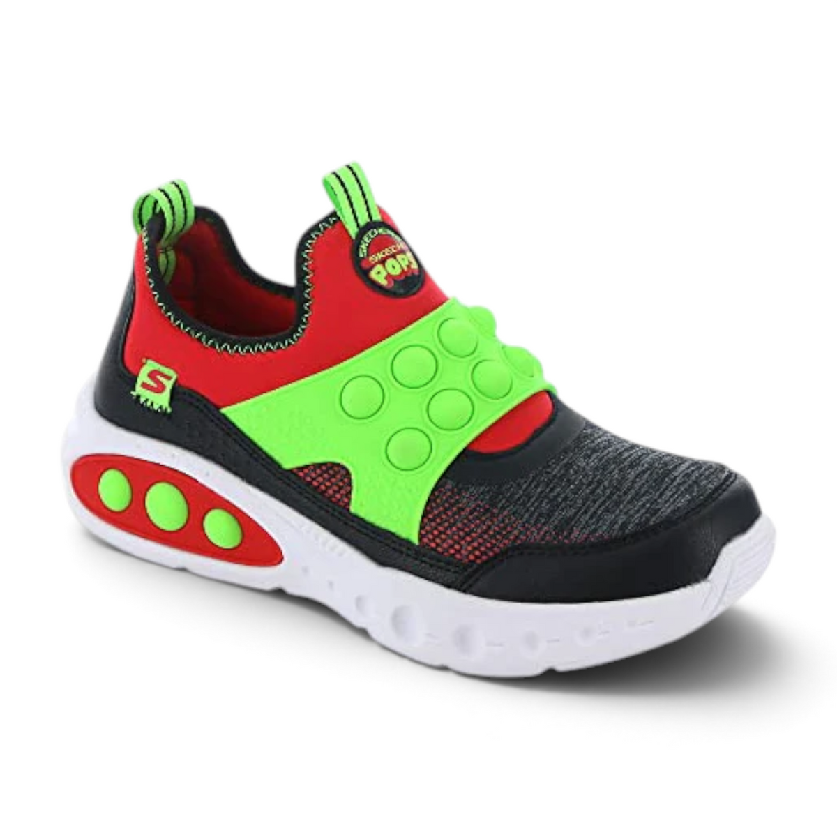 FRG SKECH POPS kids slip-on sneaker in red, black, and neon green with a textured bubble pop strap and white sole.