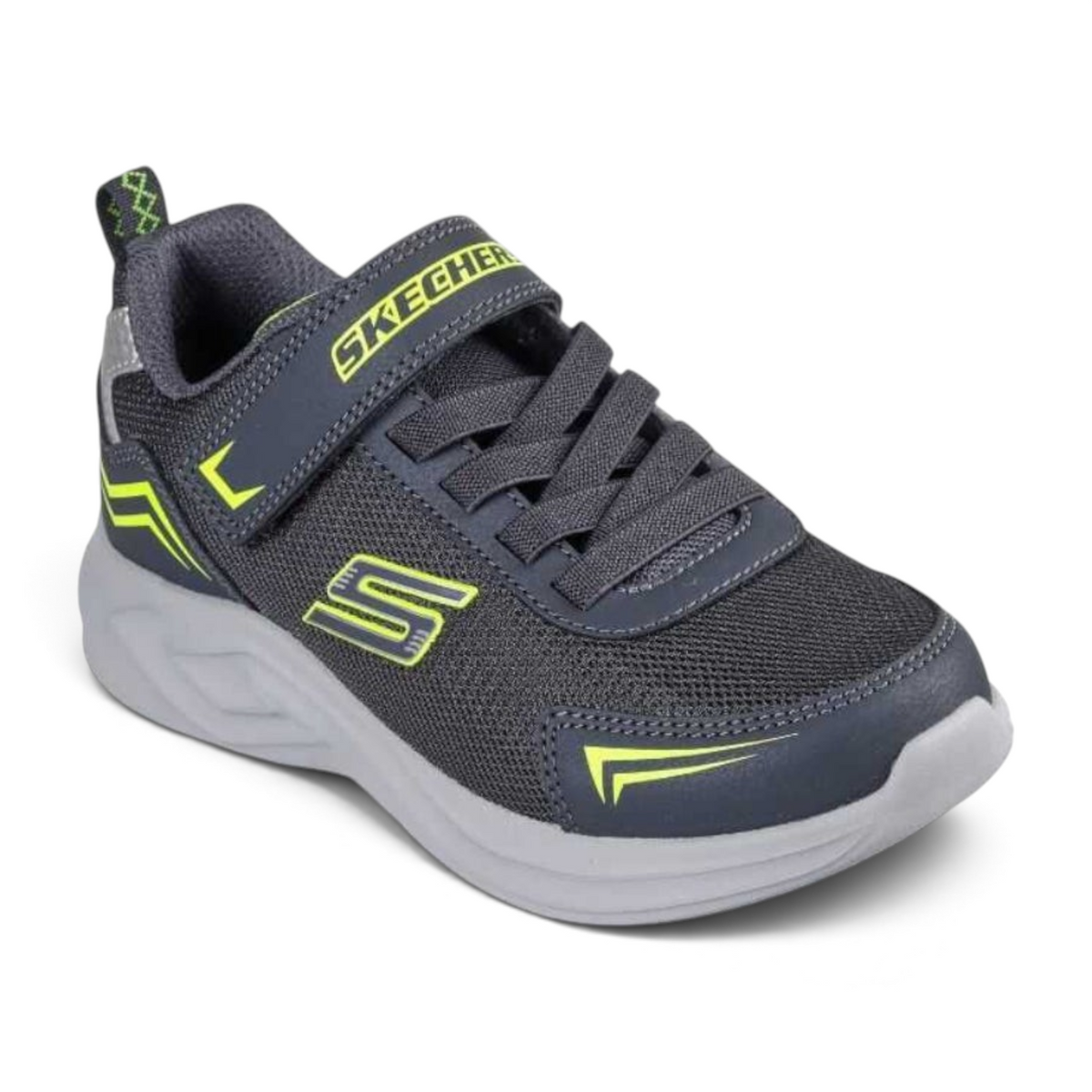 FRG MAZEMATICS kids sneakers in dark grey mesh with neon yellow accents, hook-and-loop strap, and cushioned sole