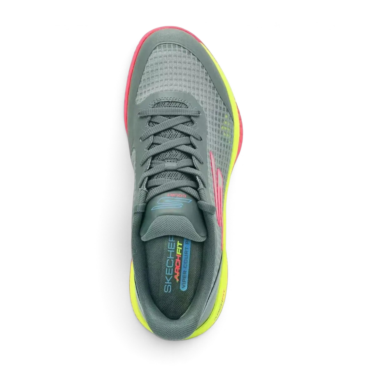 FRG Skechers Viper Court Pro pickleball shoe in gray with pink and neon yellow accents, top-down view.