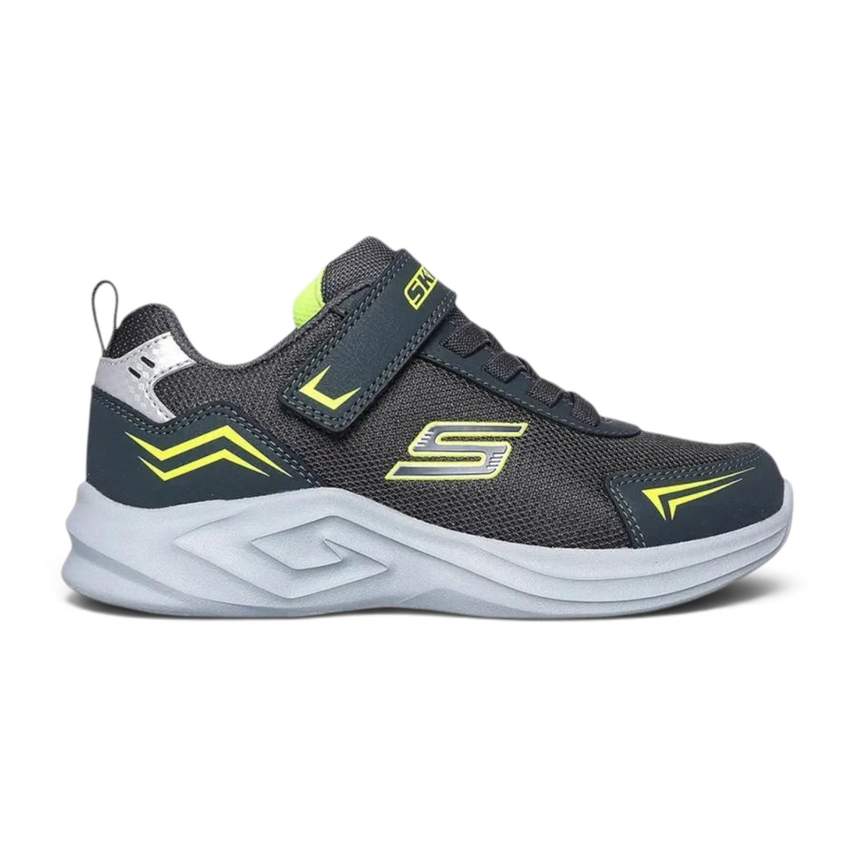 FRG MAZEMATICS kids athletic sneaker in charcoal grey mesh with lime green accents and hook-and-loop strap closure