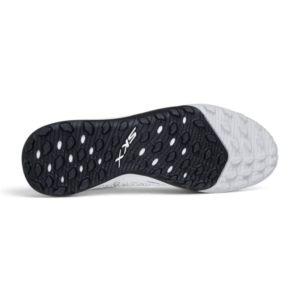 FRG Skechers Razor 1.5 Academy TF turf soccer shoe outsole in white and black with multidirectional grip pattern