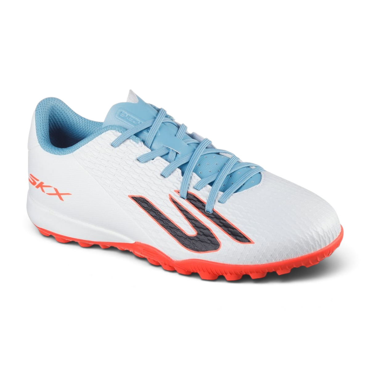 FRG Skechers SKX_2 Jr youth turf soccer boots in white with turquoise laces and pink sole details