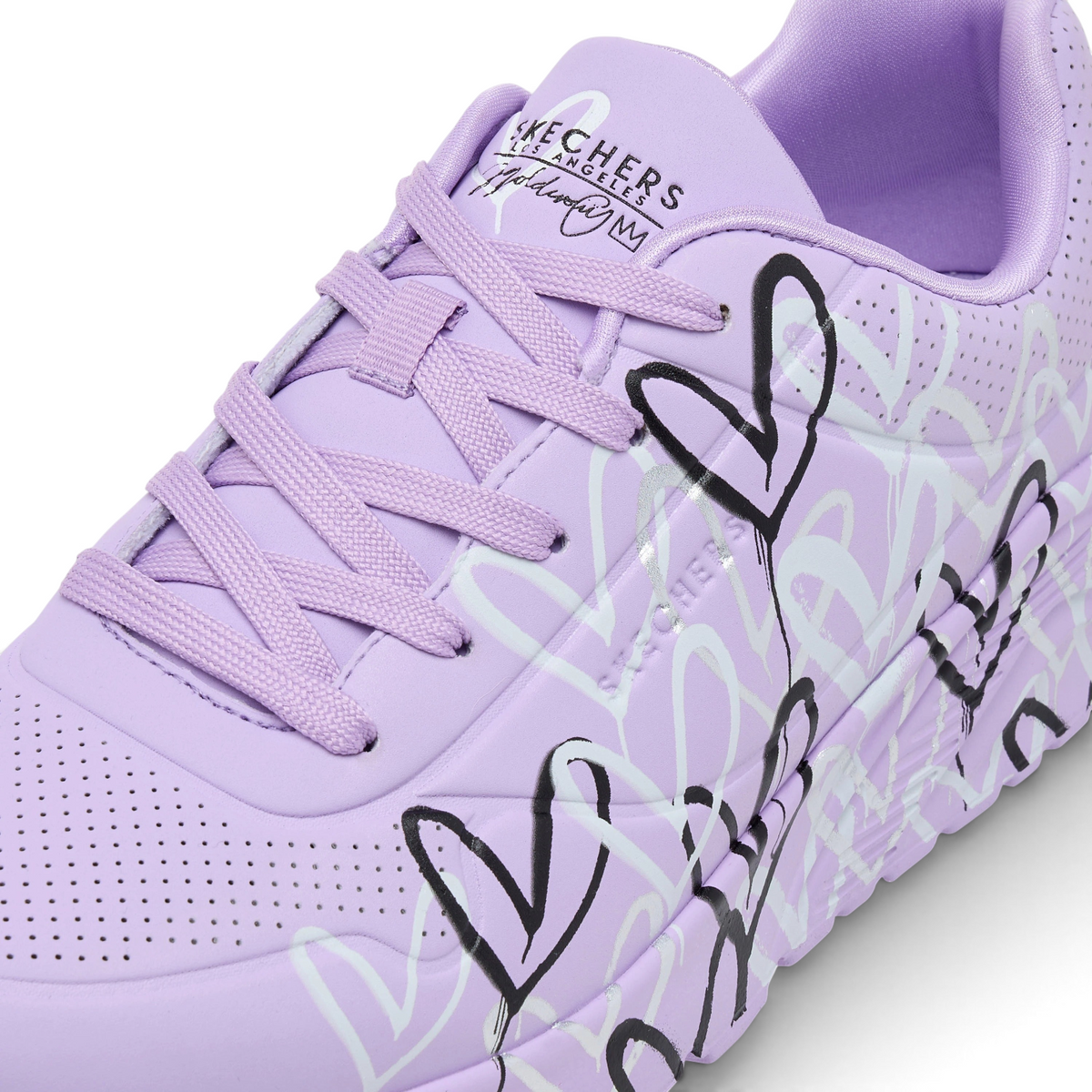 FRG UNO LITE - METALLIC LOVE lavender sneaker with black and white heart graffiti print and lace-up closure