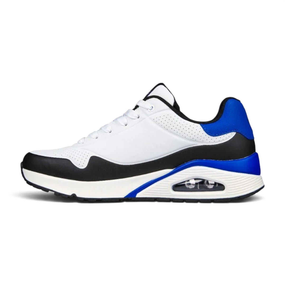 FRG UNO BACK LIT sneaker in white with black and blue accents, featuring a cushioned air sole and perforated detail