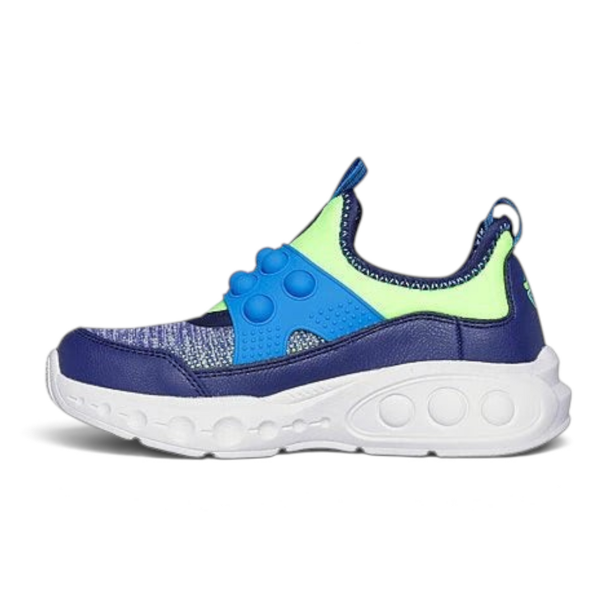 FRG SKECH POPS slip-on sneakers in blue and neon green with bubble-textured side panels and a white cushioned sole